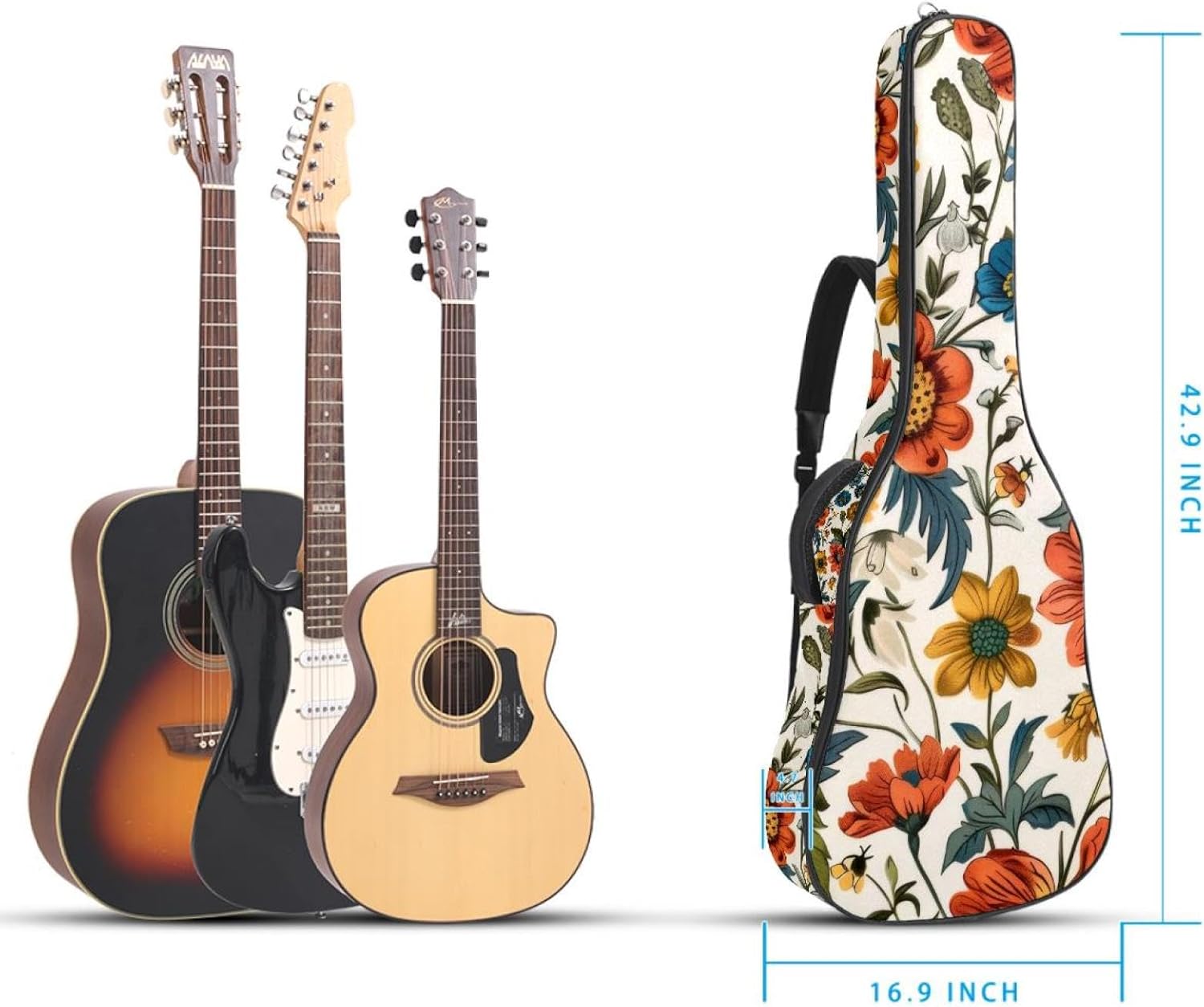 40 41 42 Inch Guitar Bags, Waterproof Padded Acoustic Guitar Case Backpack with Adjustable Shoulder Strap & Pockets, Vintage Floral Colorful Flowers Pattern