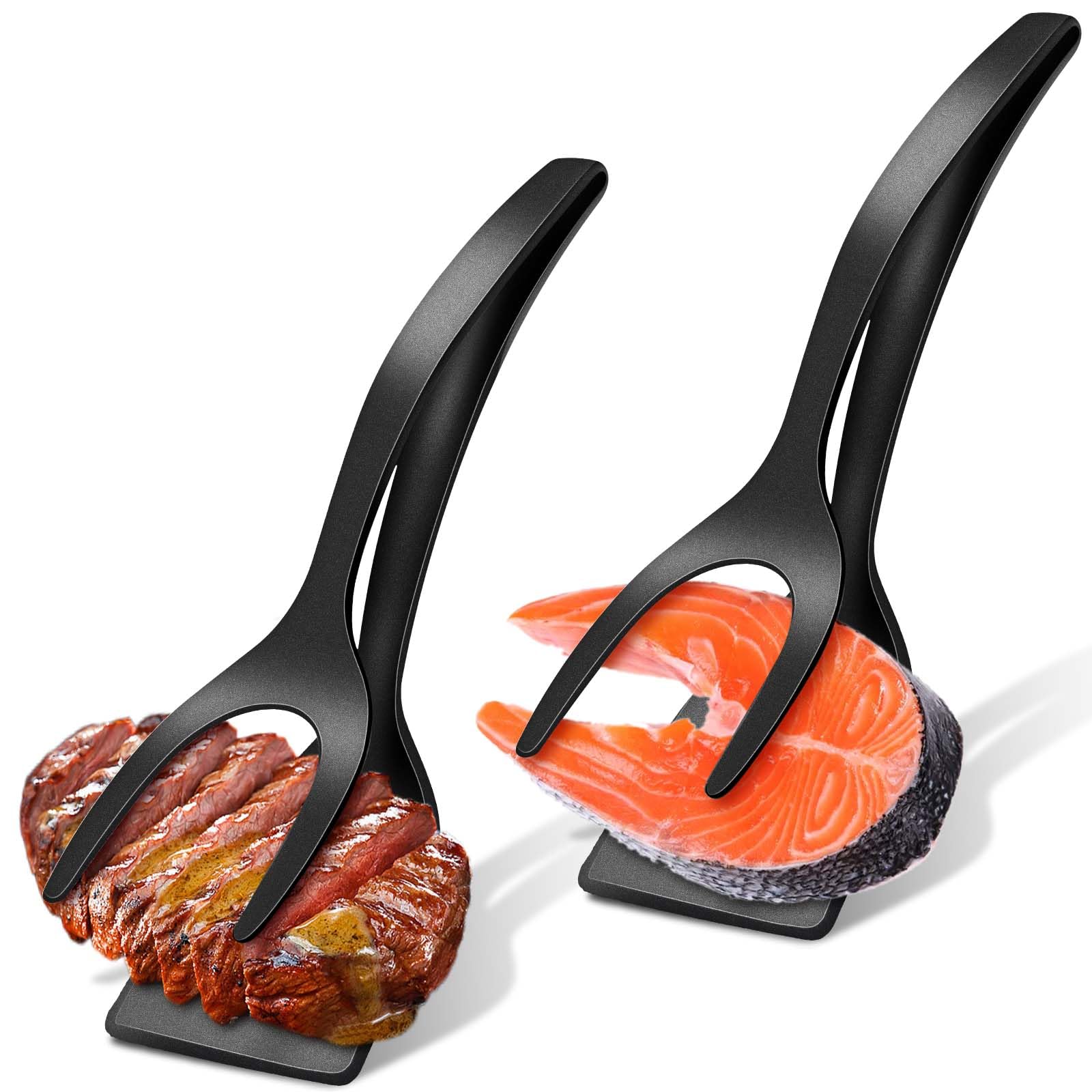 Vesici2 Pack 2 in 1 Grip and Flip Spatula Tongs Egg Flipper Spatula Made of Nylon with Non Stick Coating Pancake Fish French Toast Omelet Making Tool Spatula for Kitchen Cooking (Black)