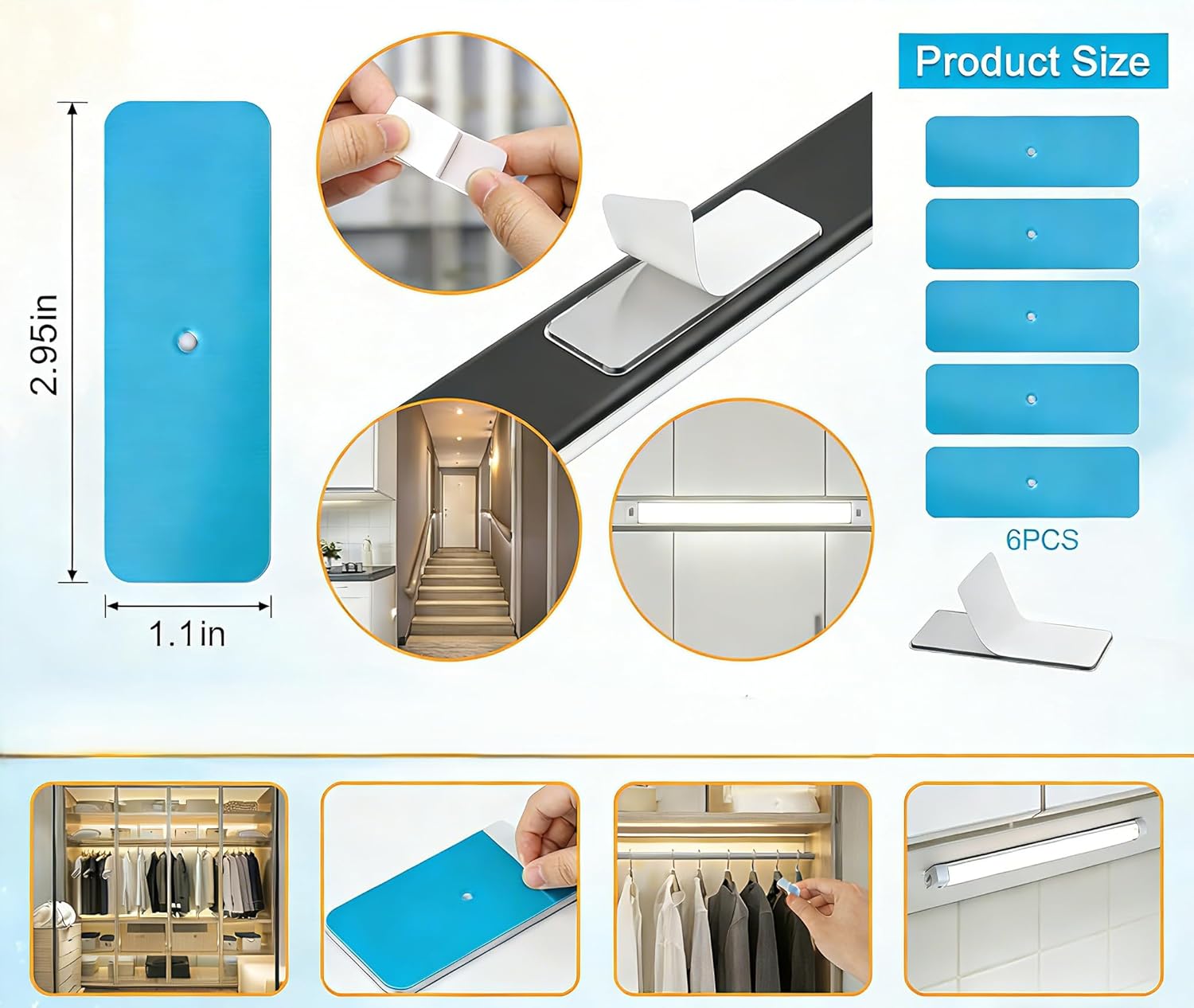 12 pacs Metal Adhesive Strips for Magnetic Under Cabinet Lights for Stick-on Magnet Closet Light Motion Sensor Night Lights Under Counter Lighting Bar Cordless Magnetic NightLight