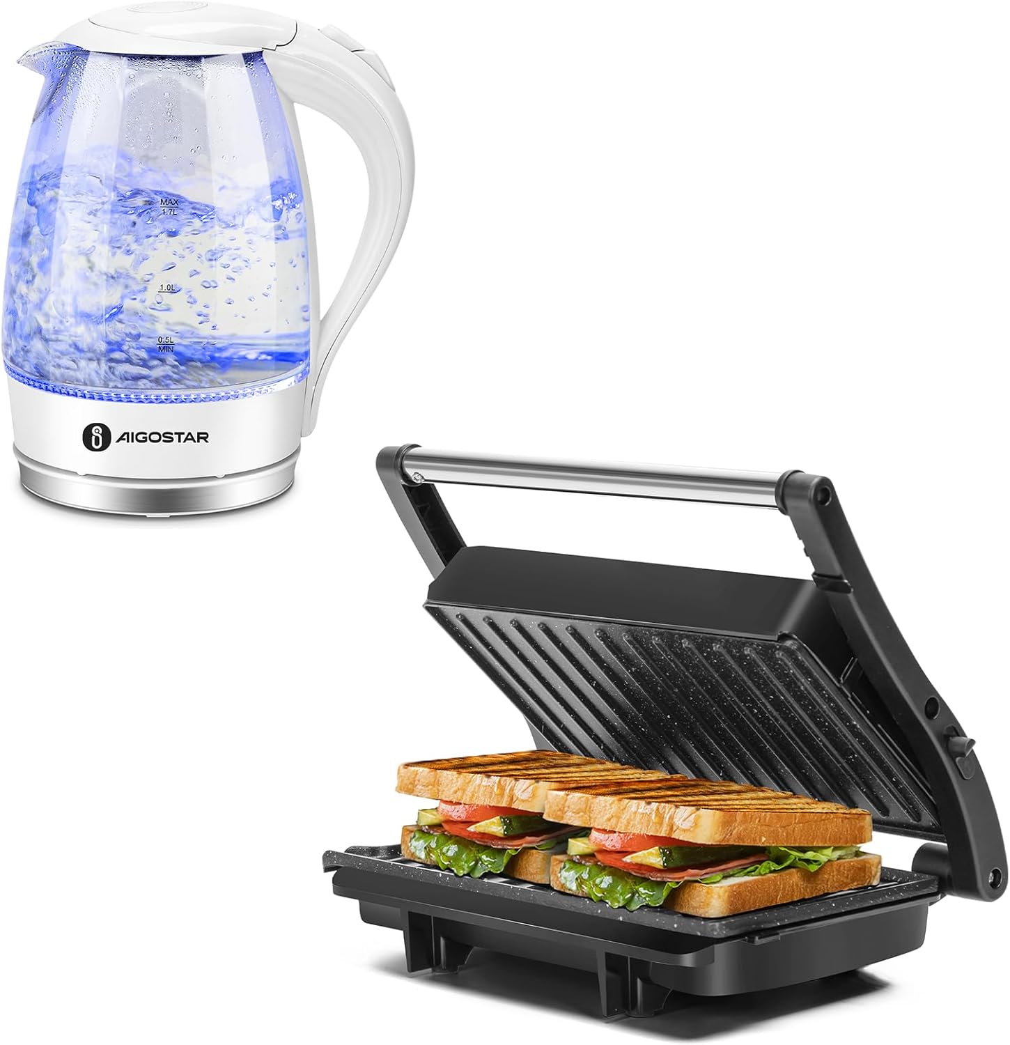Aigostar Electric Kettle, 1.7 Liter Electric Tea Kettle with LED Illuminated and Aigostar 1200W Sandwich Maker with Ceramic Non-stick Plates