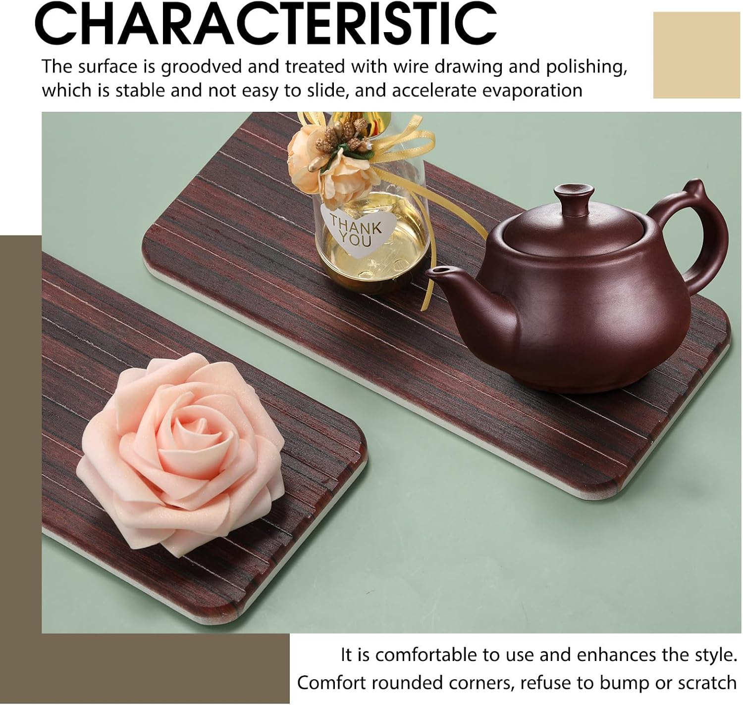 2Pcs 8.6x4'' Water Absorbent Diatomite Coasters Diatomaceous Earth Drying Mat, Grooved Design Water Absorbing Stone for Home Bathroom Decoration Home Warming Gift(Dark Brown)
