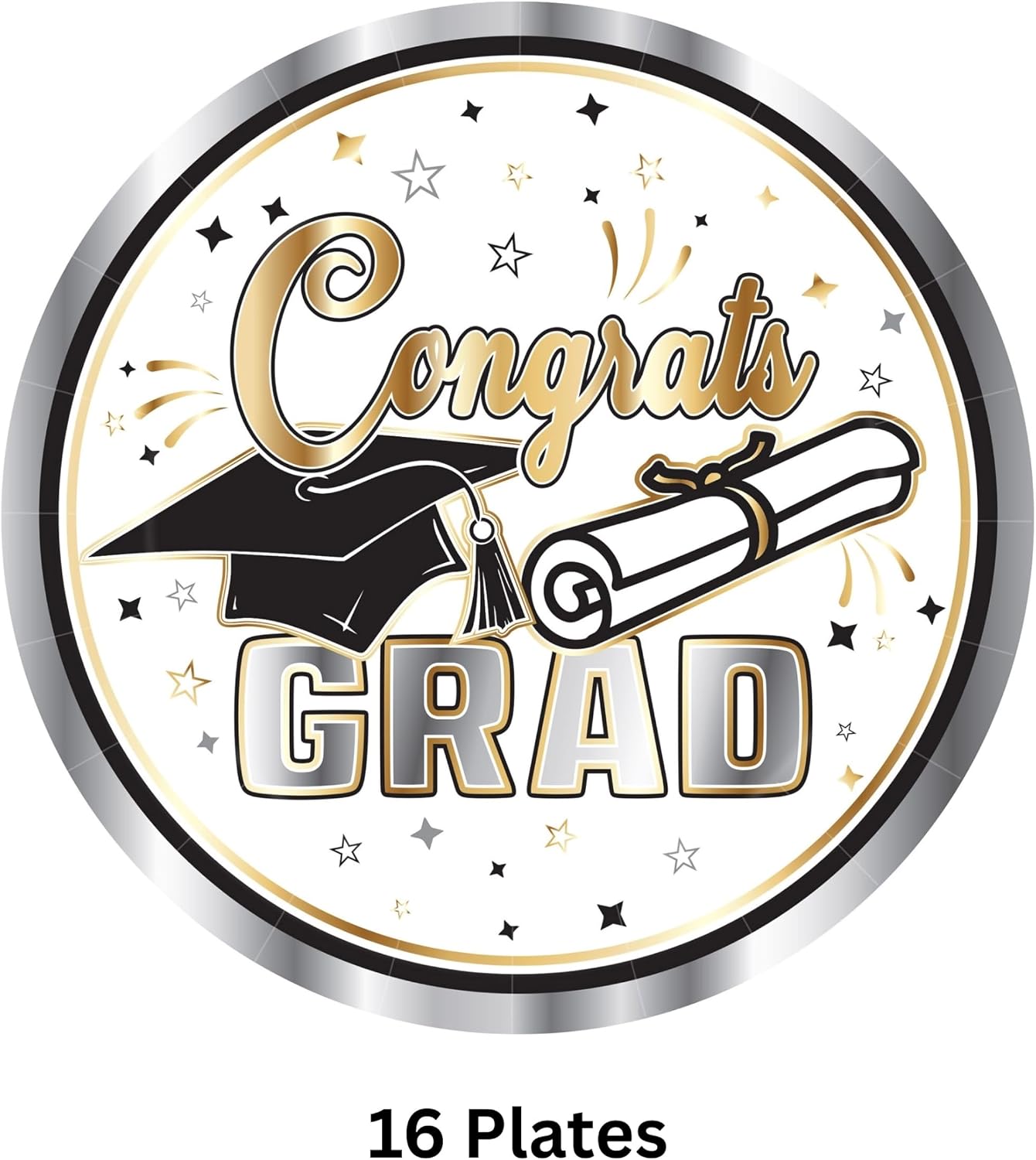 Beistle Graduation Paper Plates – 16 Pack, White and Silver Congrats Grad Disposable Party Tableware with Cap and Diploma Design, Round Dessert Plates for Commencement Celebrations & Parties, 7"