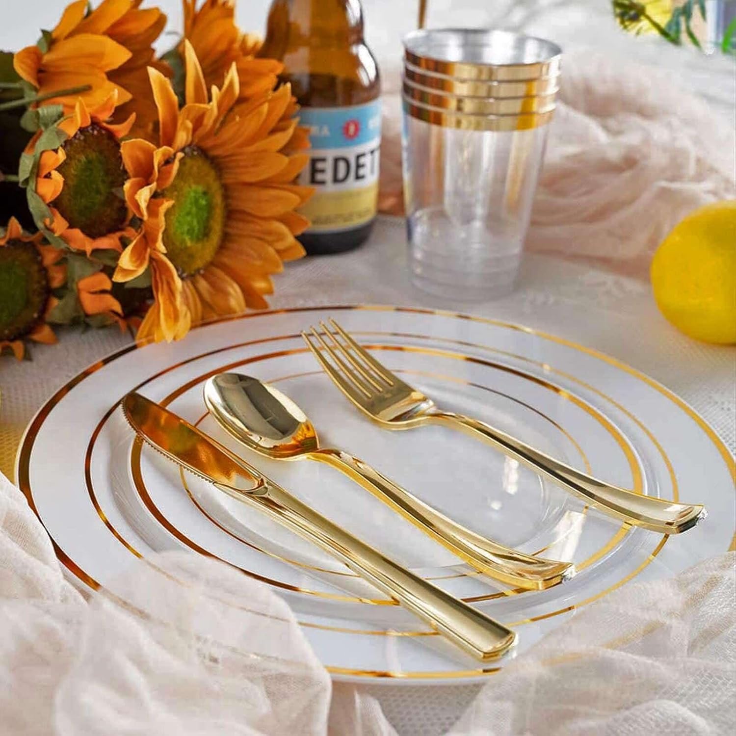 Efavormart 48 Pack Metallic Gold Heavy Duty Plastic Silverware Set, Disposable Cutlery Utensil Set - 7" and 8"