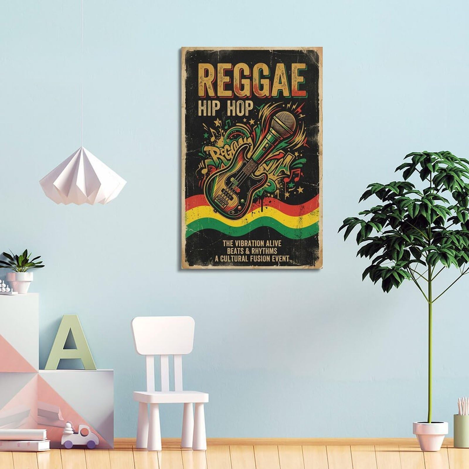 XKUGA Stampa su tela decorativa moderna con musica reggae, hip hop, microfono e basso, decorazione artistica da parete ideale per la famiglia, la grotta degli uomini, la sala giochi, la camera da