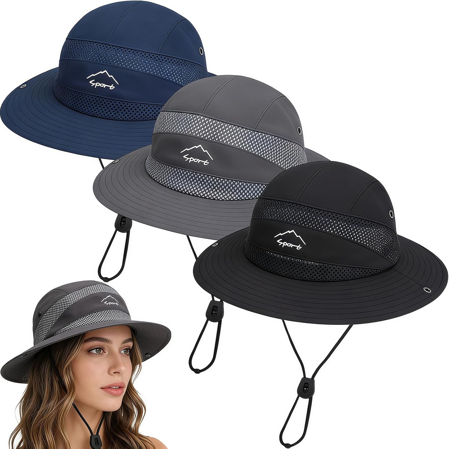 3Pcs Sun Bucket Hats for Women Men, Breathable Wide Brim UV Protection Fishing Hat Summer Outdoor Beach Hiking Hats