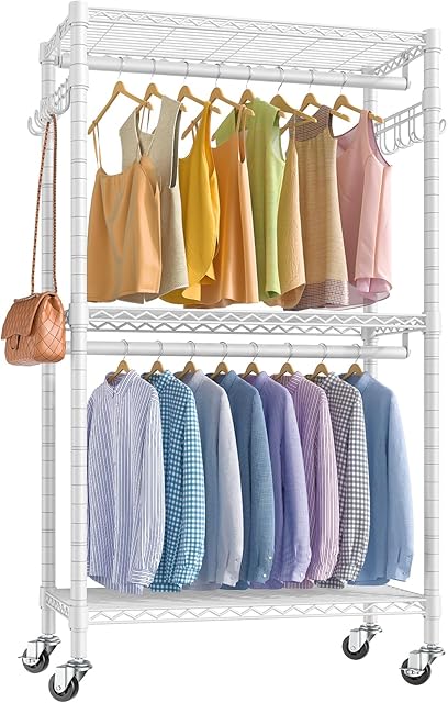 VIPEK V12 Mini Heavy Duty Clothes Rack Rolling Clothing Rack Adjustable Metal Wire Shelving Portable Closets with Double Hanging Rods, Side Hooks, Freestanding Closet Racks Wardrobe, White