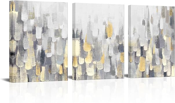 LoveHouse Grey and Gold Wall Art Yellow Grey Abstract Painting Pictures Prints Gray Decor 12x16inchx3pcs