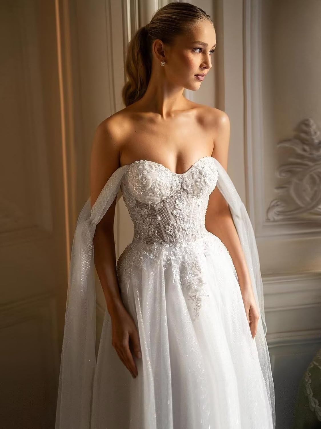 Sparkle Tulle Wedding Dresses for Bride Long Lace Applique Off Shoulder Outdoor Beach Princess Wedding Gowns Dress