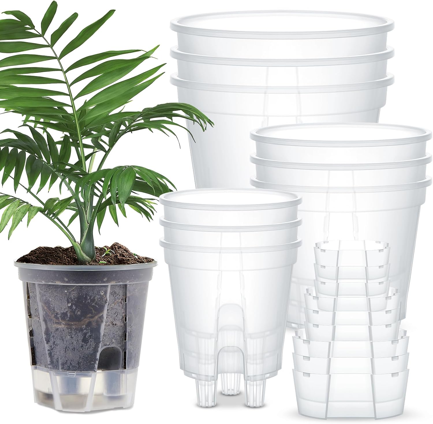 Self Watering Pots for Indoor Plants with Deep Reservoir and High Drainage Holes for Outdoor Plants and Flowers, Bare Root Planter(4.72'', 5.91'', 7.09'',Clear,9 Pcs)
