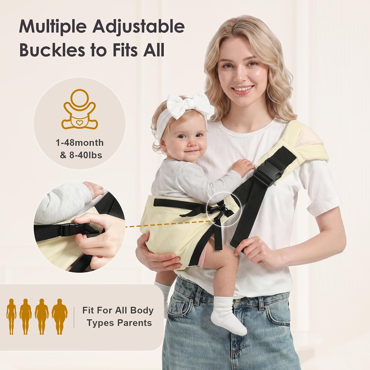  Toddler Sling Carrier, Adjustable Baby Carrier Sling 8-40 lbs, Lightweight Toddler Carrier Baby Sling Carrier, Toddler Hip Carriers One Size Fits All, Beige thumbnail