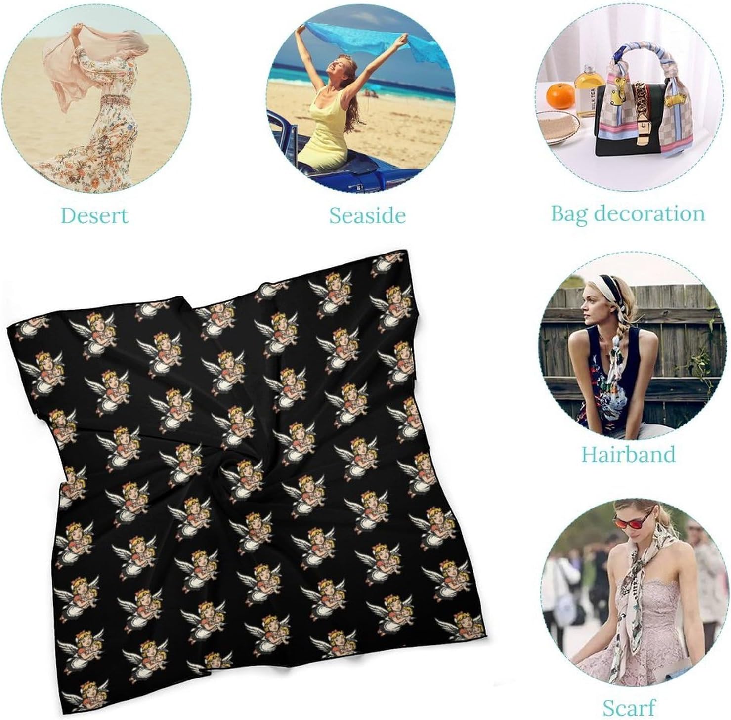 Guardian-Angels Silk-Like Square Scarf for Women Vintage Printed Neck Scarf Bandanas Hair Scarves