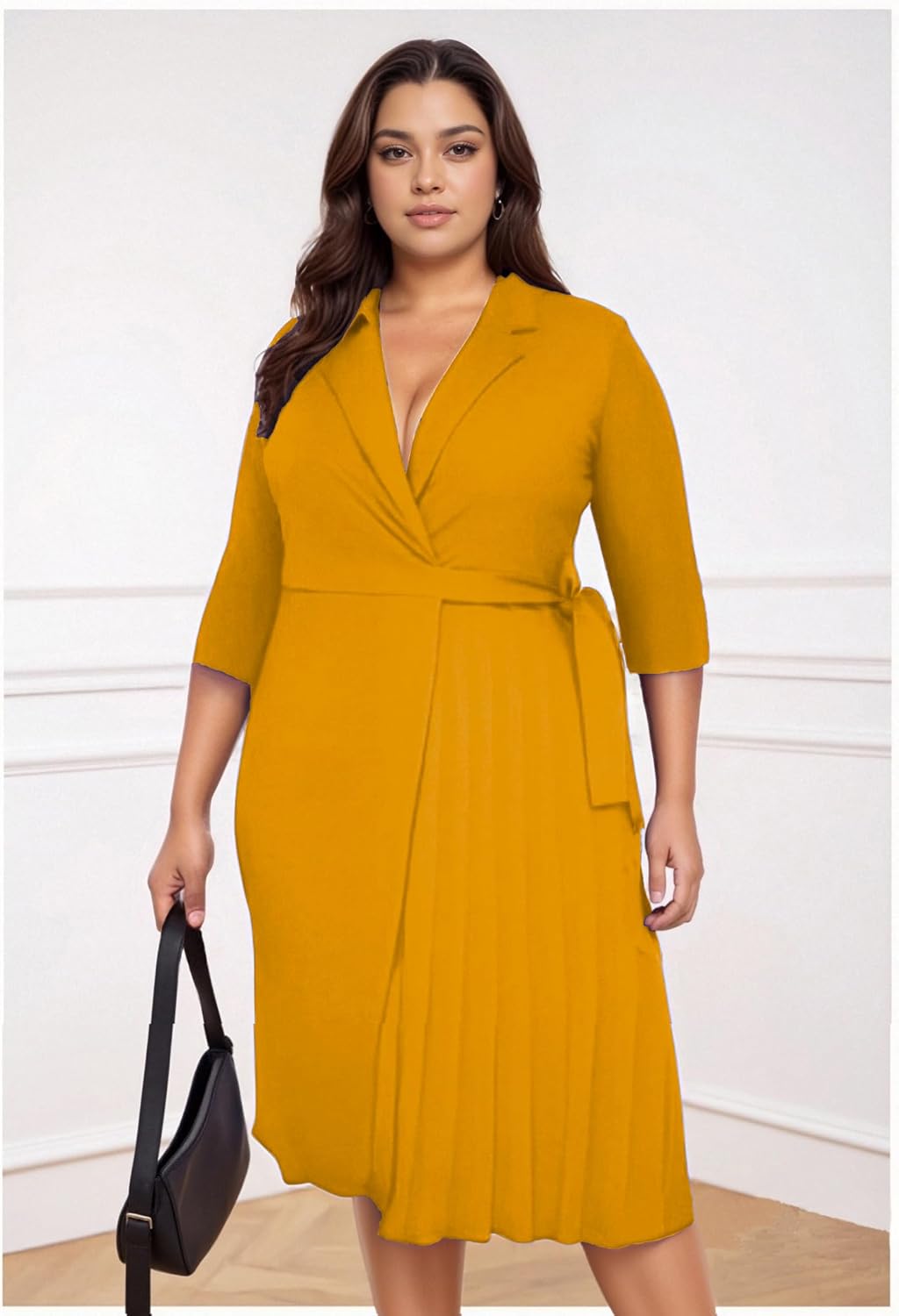 Women's Plus Size Pleated Midi Dress Comfortable Suit Collar 3/4 Sleeve Belted Casual Formal Work Church - Image 3