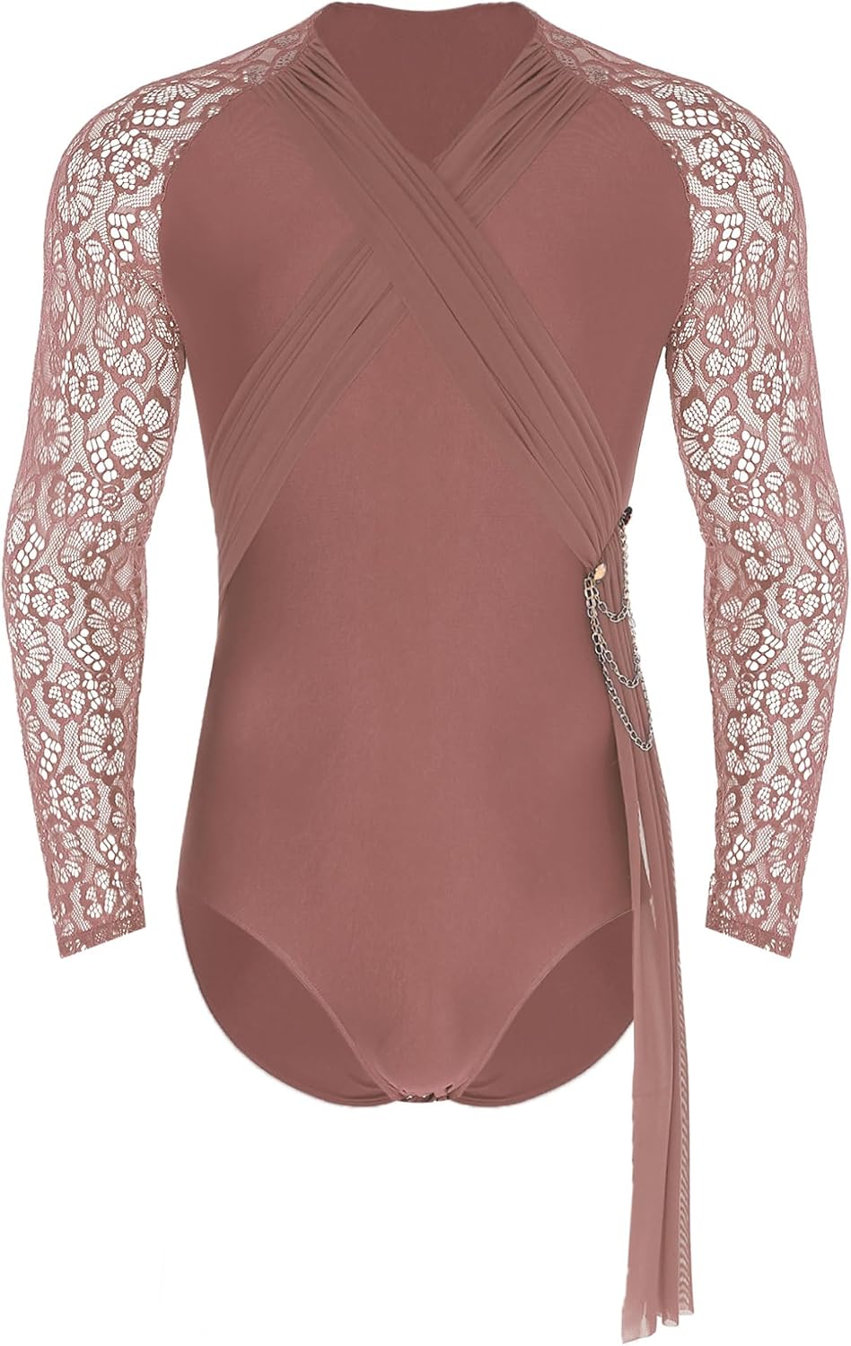ACSUSS Mens Ballet Leotard Sheer Ruched Mesh Long Sleeve Latin Dance Gymnastics Bodysuit with Openable Crotch