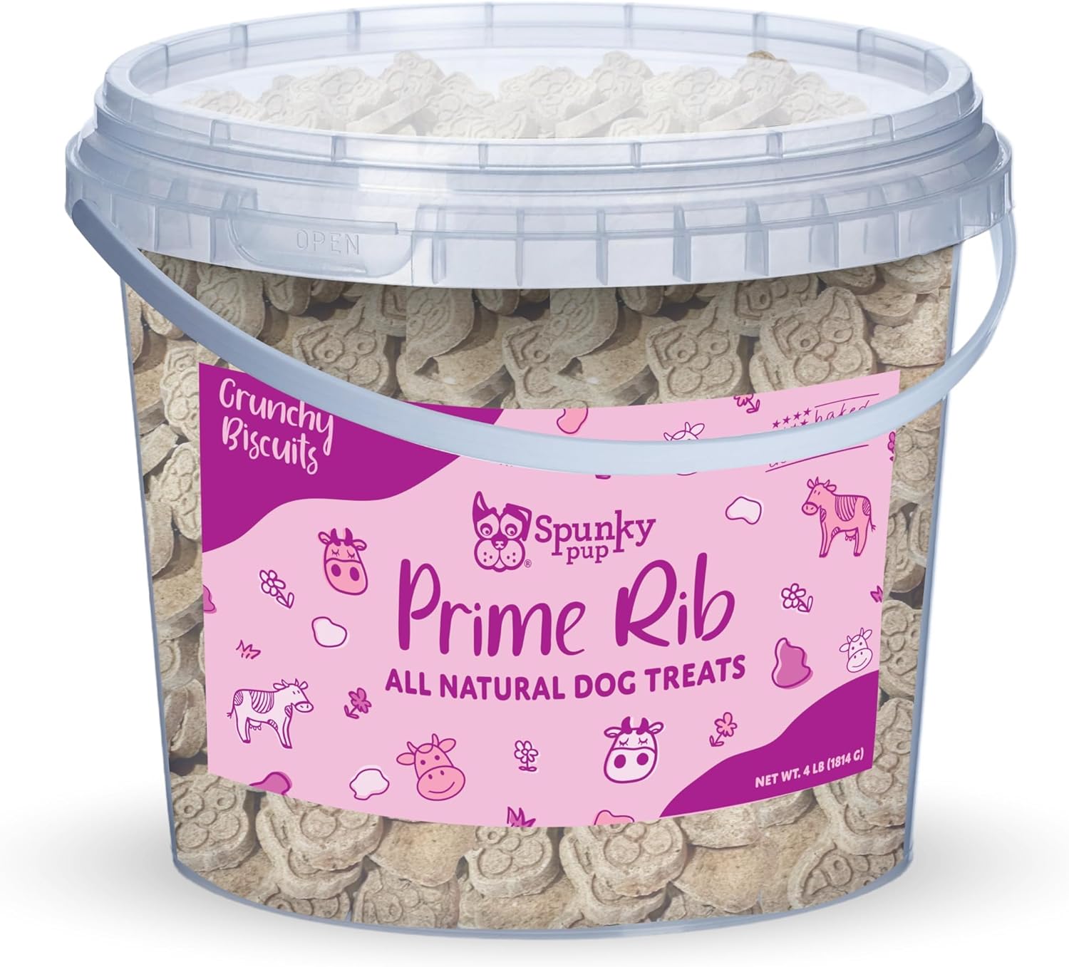 Spunky pup Every Day Biscuit Dog Treats - All-Natural, Handmade in USA, Perfect for Training or Snacking, 4 lb Resealable Bucket- Bucket of Biscuits- Prime Rib Flavor