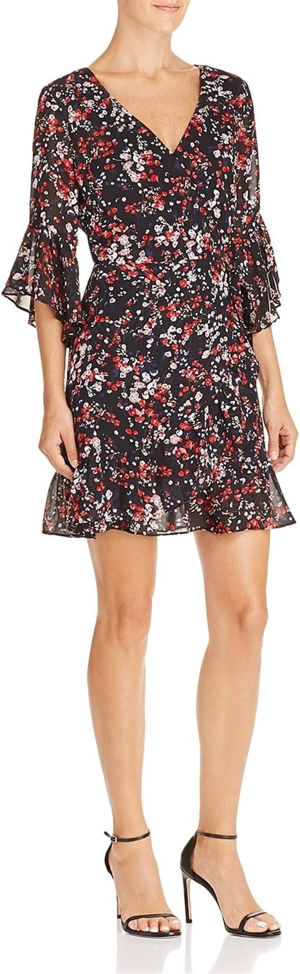 Lucy Paris Womens Bell Sleeves Floral Print Wrap Dress Black XS