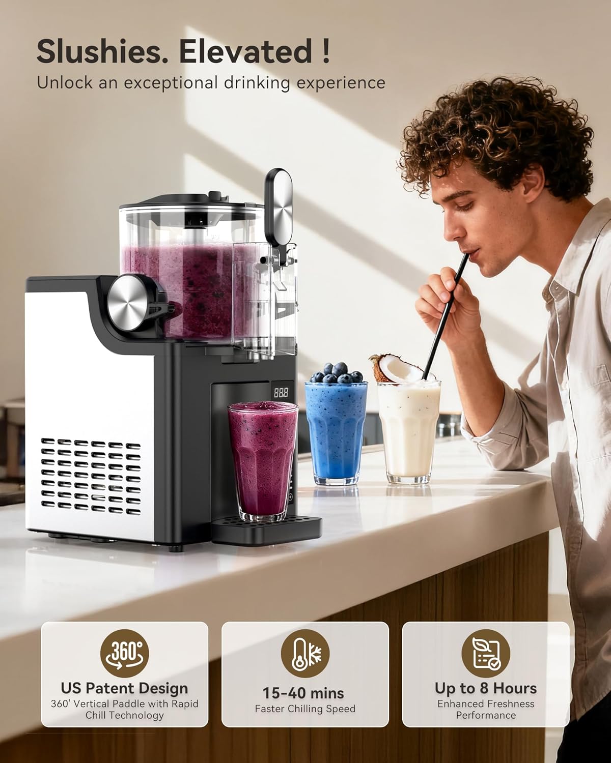 Slushie Machine for Home, CONFAZ 68oz Frozen Drink Maker with 5 Preset Programs, No Ice Needed, LED Display, Auto Clean, Slushy Maker for Margaritas, Frappés, Milk Shake, and More
