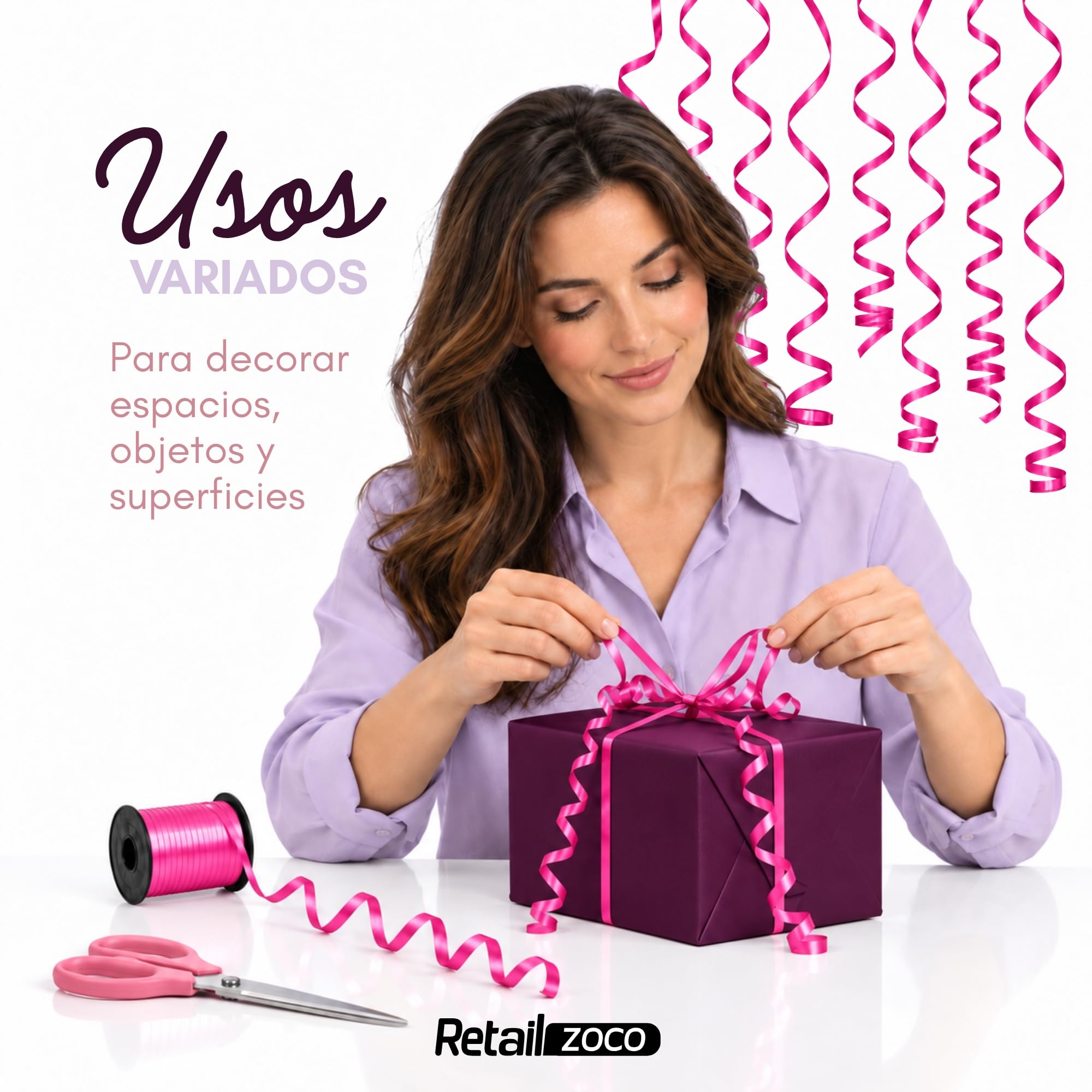Cinta de regalo, cinta embalar para rizar, 5 mm ancho, 500 metros, Rosa - imagen 4