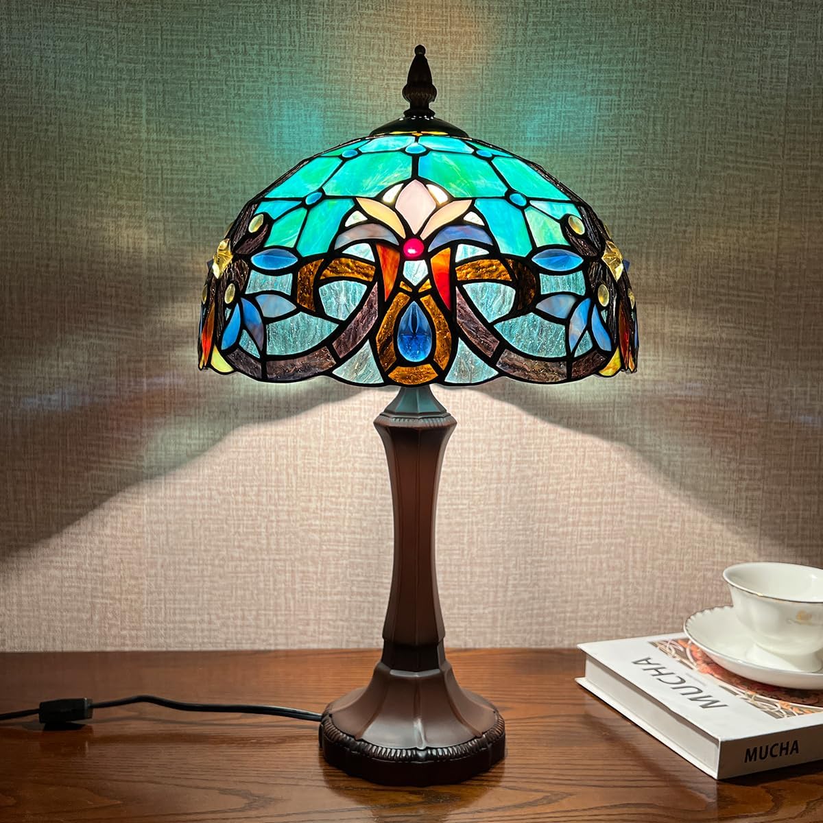 Tiffany Table Lamp,Green Stained Glass Table Light,Antique Style Medium Size Desk Lamp Vintage Bedside Reading Lamp for Living Room Bedroom Office