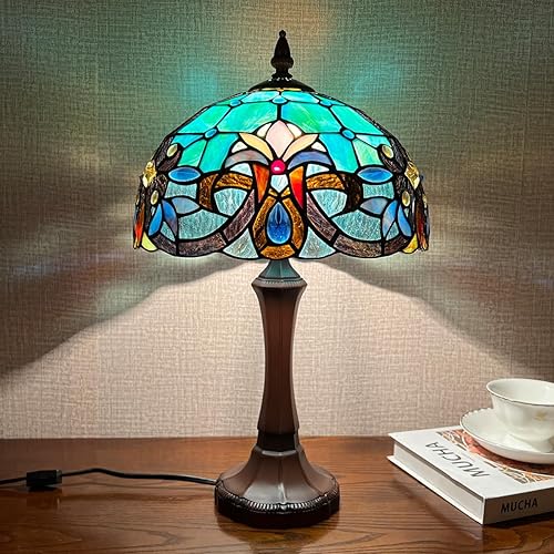 Tiffany - Lámpara de mesa con vitrales verdes, estilo antiguo, tamaño mediano, lámpara de lectura vintage para sala de estar, dormitorio, oficina