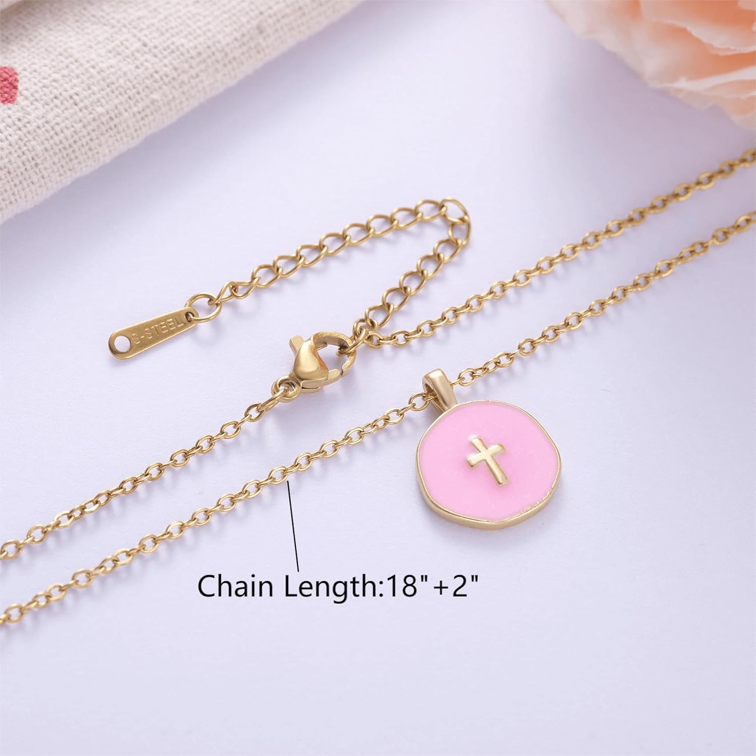 Kvekstio Baptism Gift - Pink Enamel Disc Pendant with Gold-Tone Chain Cross Necklace for First Communion, Christening, Teen's Confirmation Gifts, Baptized in Christ Necklace, Women's Faith Cross Gift - Image 6