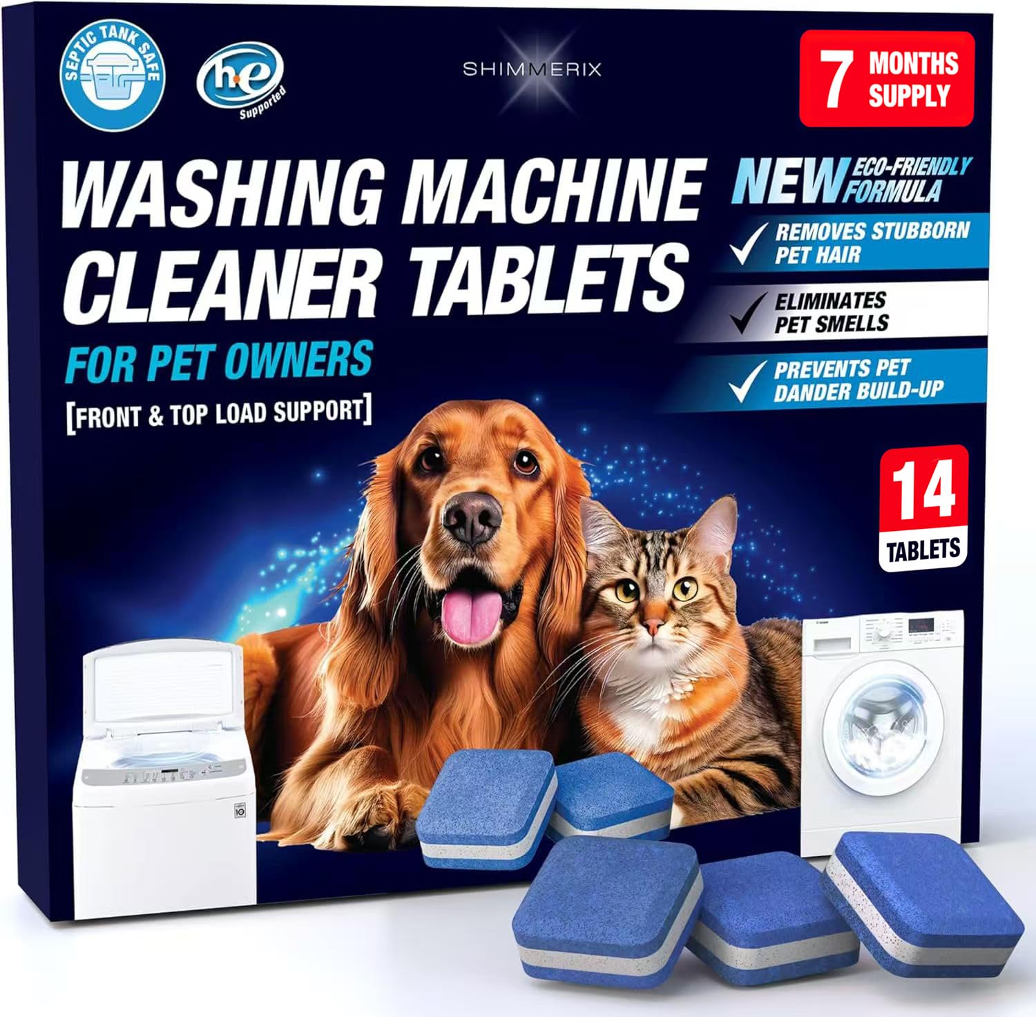 Washing Machine Cleaner Tablets for Pet Owners - Front & Top Load Washer Deep Cleaning - Septic Tank Safe - HE Support - Remove Stubborn Pet Hair -