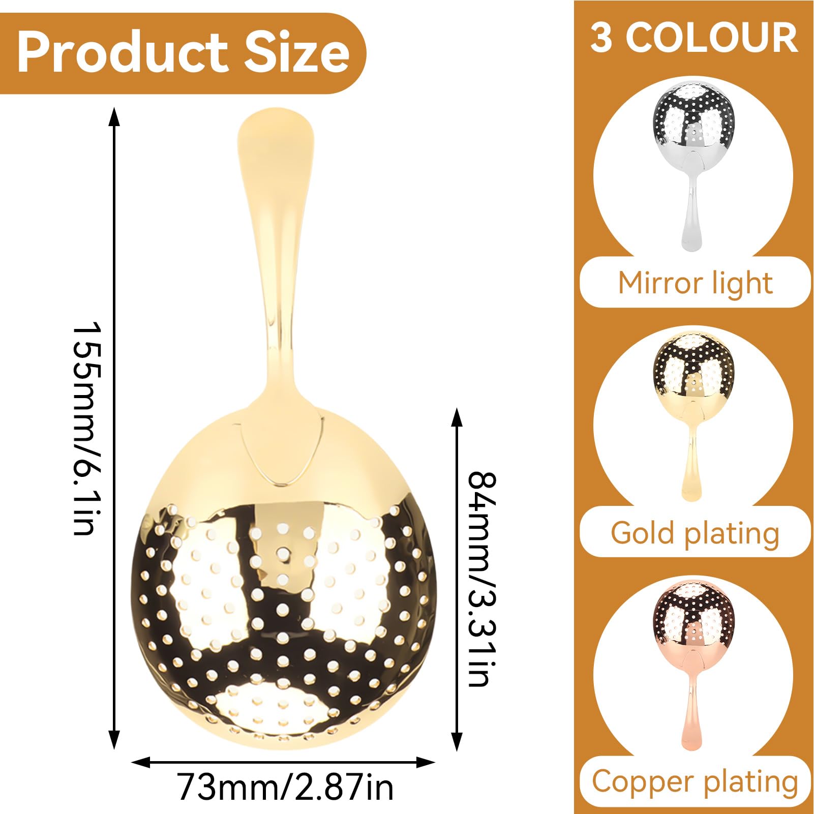 Colador Julep de acero inoxidable, colador de cóctel, colador de cóctel, cuchara, colador de bebidas con asa para el hogar o bar comercial (dorado) 2