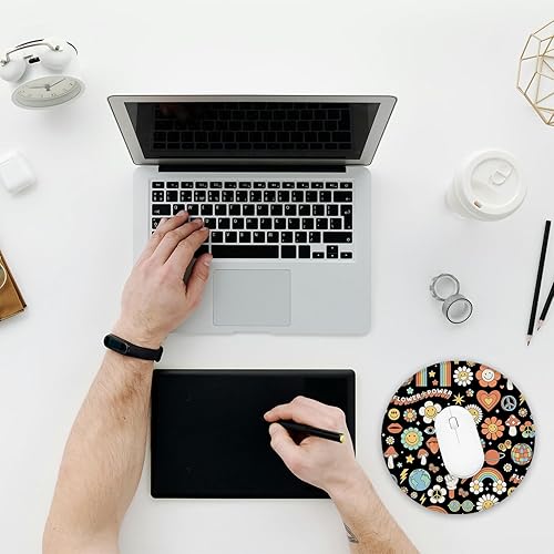 Miniatura 6 de Alfombrilla de mouse redonda estilo hippie retro con base de goma antideslizante, borde cosido para decoración de oficina en casa, accesorios de