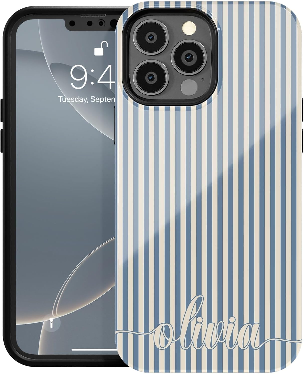Personalized Chic Vertical Stripes Monogram Blue on Cream Gift Phone Case