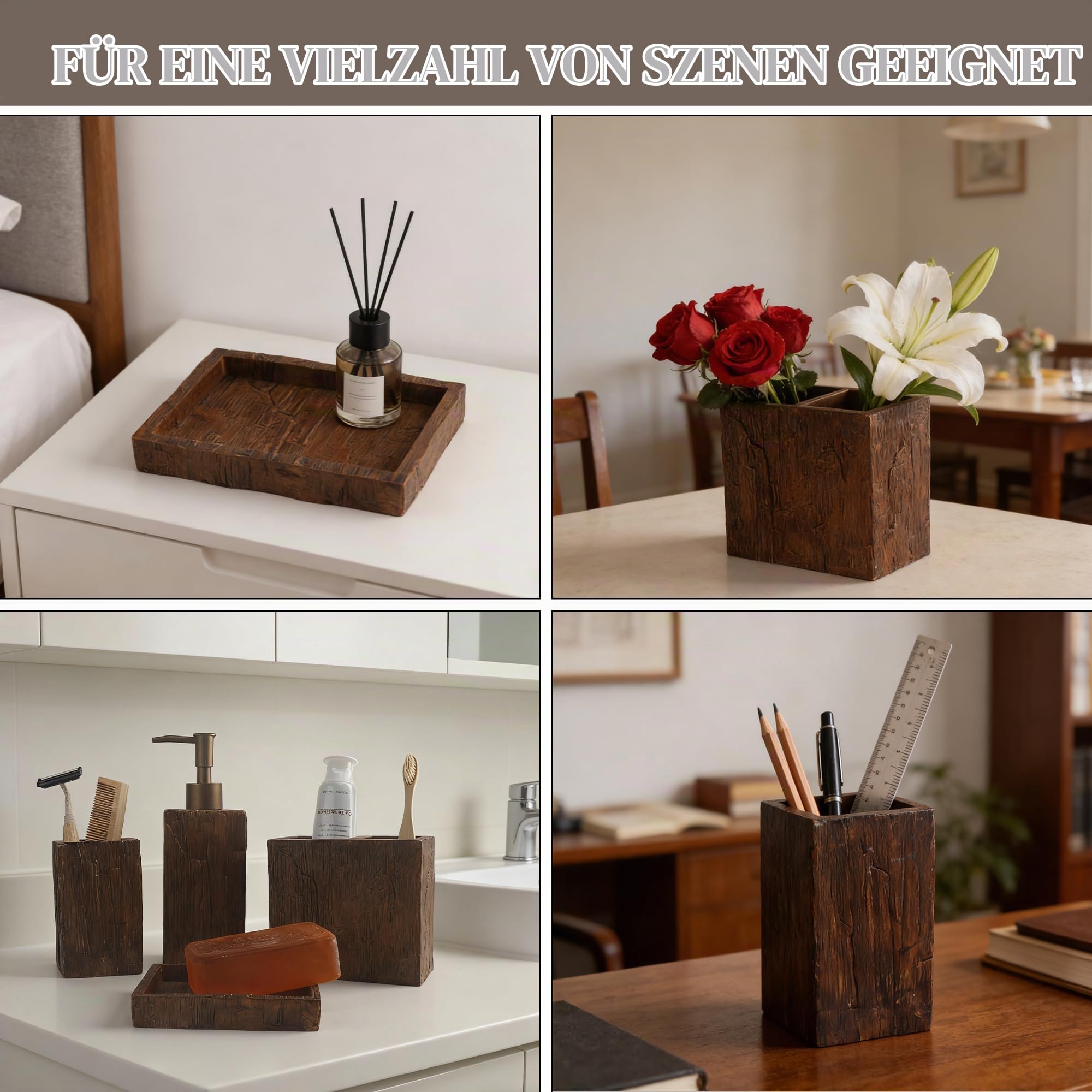 4-teiliges Vintage Badezimmer-Set, Badaccessoires mit Retro Alt-Holz-Optik, Seifenspender Zahnputzbecher Seifenschale Aufbewahrungsbox, Holzoptik Bad Deko