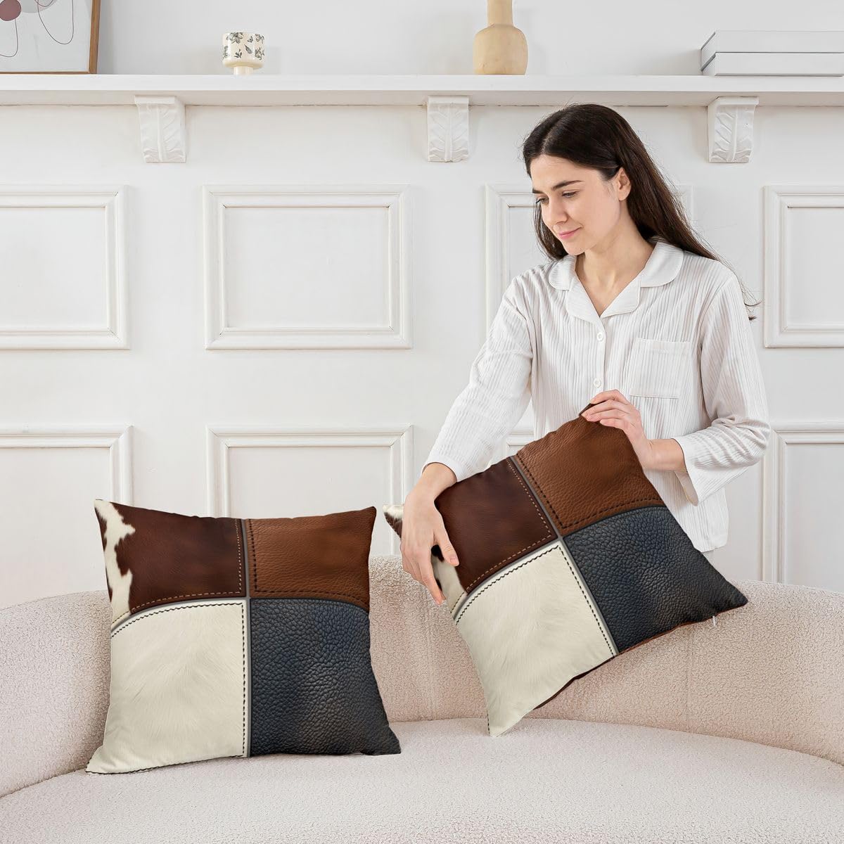 Cow Fur Geometric Throw Pillow Covers 24"x24" Set of 2 Soft Cowhide Farmhouse Cushion Covers Pillow Cases for Couch Sofa Bedroom Car Reversible Western Farm Animal Skin Decorative Throw Pillowcases