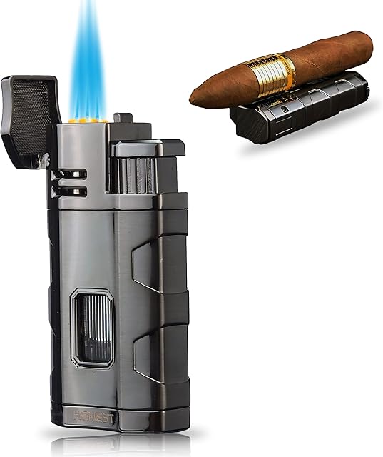 PROMISE Torch Lighter Triple Jet Flame Refillable Butane Cigar Lighter Windproof Lighter with Cigar Punch - Butane Not Included (Gunmetal-E)