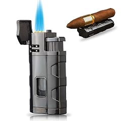 Metal Lighter Triple Jet Flame Refillable Butane Cigar Lighter Windproof Lighters with Cigar Punch Rest Holder - Butane