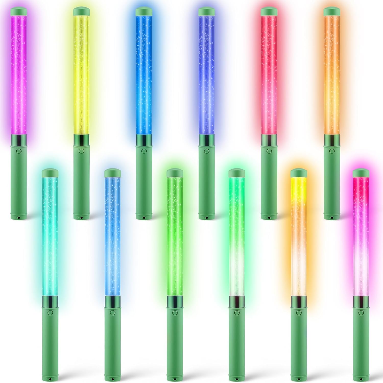 Glooglitter 12 Pcs Glow Sticks Reusable 15 Colors LED Light up Stick Bulk Glow in the Dark Party Supplies Flashing Bright Lightsticks with Aaa Battery Powered for Concert Halloween Carnival (Green)