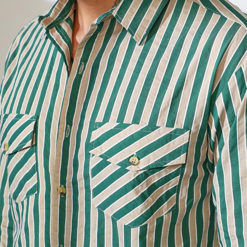 Image of CAHOOT Men's Multitrack Striped Oversized Shirt for Casual Wear | Spread Collar | Long Sleeve | Button Closure | Oversized Shirt Crafted with Comfort Fit for Everyday Wear