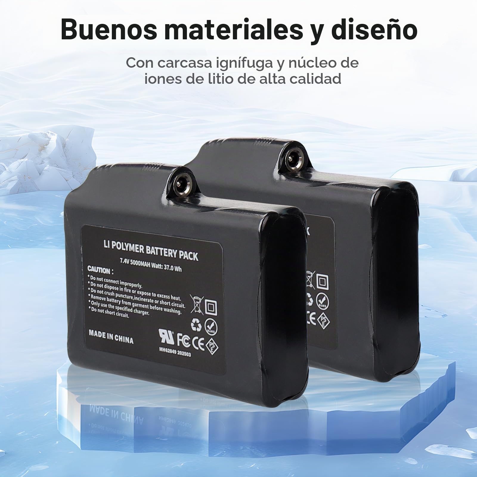 2 baterías Recargables de polímero de Litio de 7,4 V, 5000 mAh, 37 WH y Cargador para Guantes, Calcetines, Gorros, pasamontañas, Plantillas, Ropa Interior térmica y Mitones.