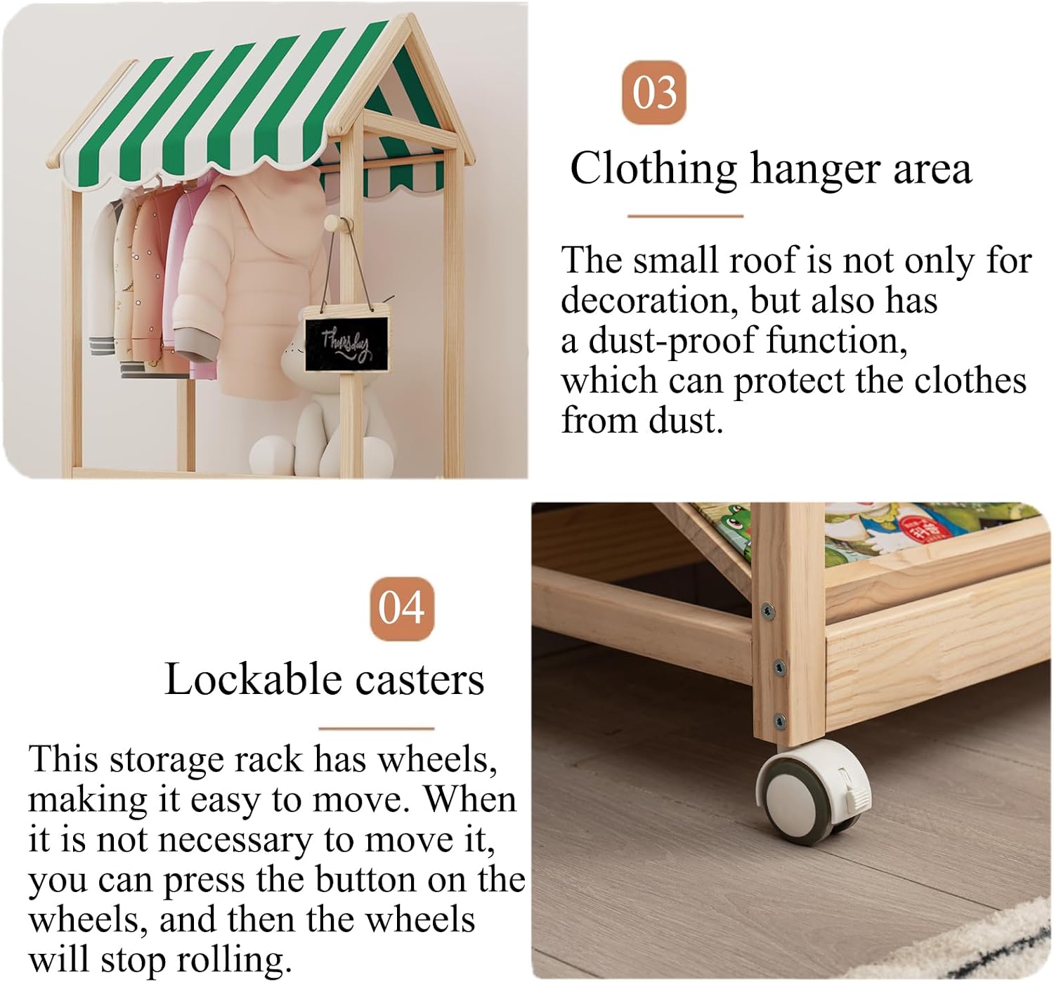 3 Tier Wood Storage Rack with Lockable Casters for Easy Movement for Living Room Bed Room Wooden Storage Shelf Bookshelf Coat Rack for Books Toys Clothes, a Rod (Green & White roof)