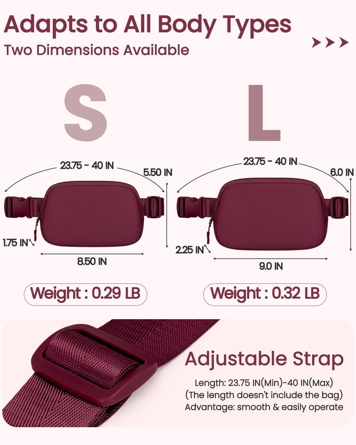 Vankor Fanny Packs for Women Cross Body, Cute Slim Roomy Belt Bag, Burgundy image 2