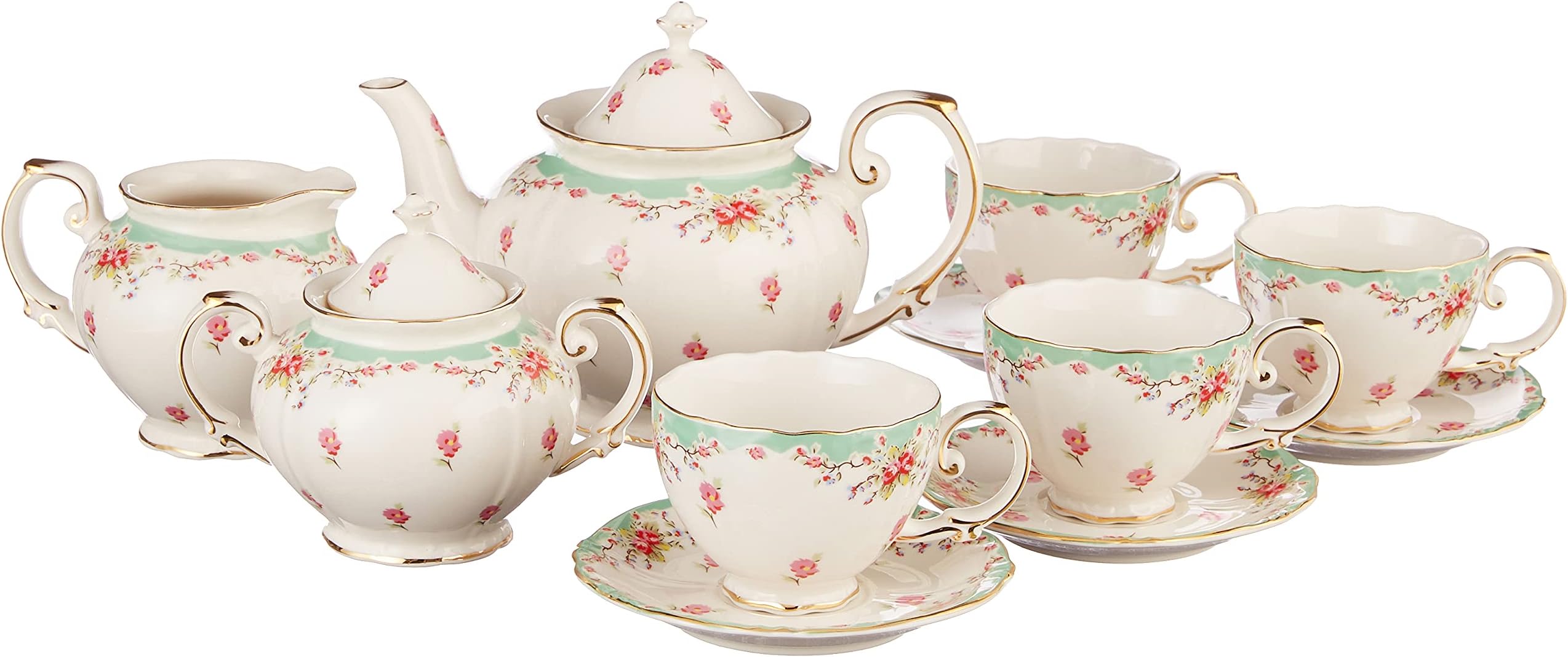 Vintage Green Rose Porcelain 11-Piece Tea Set, Green