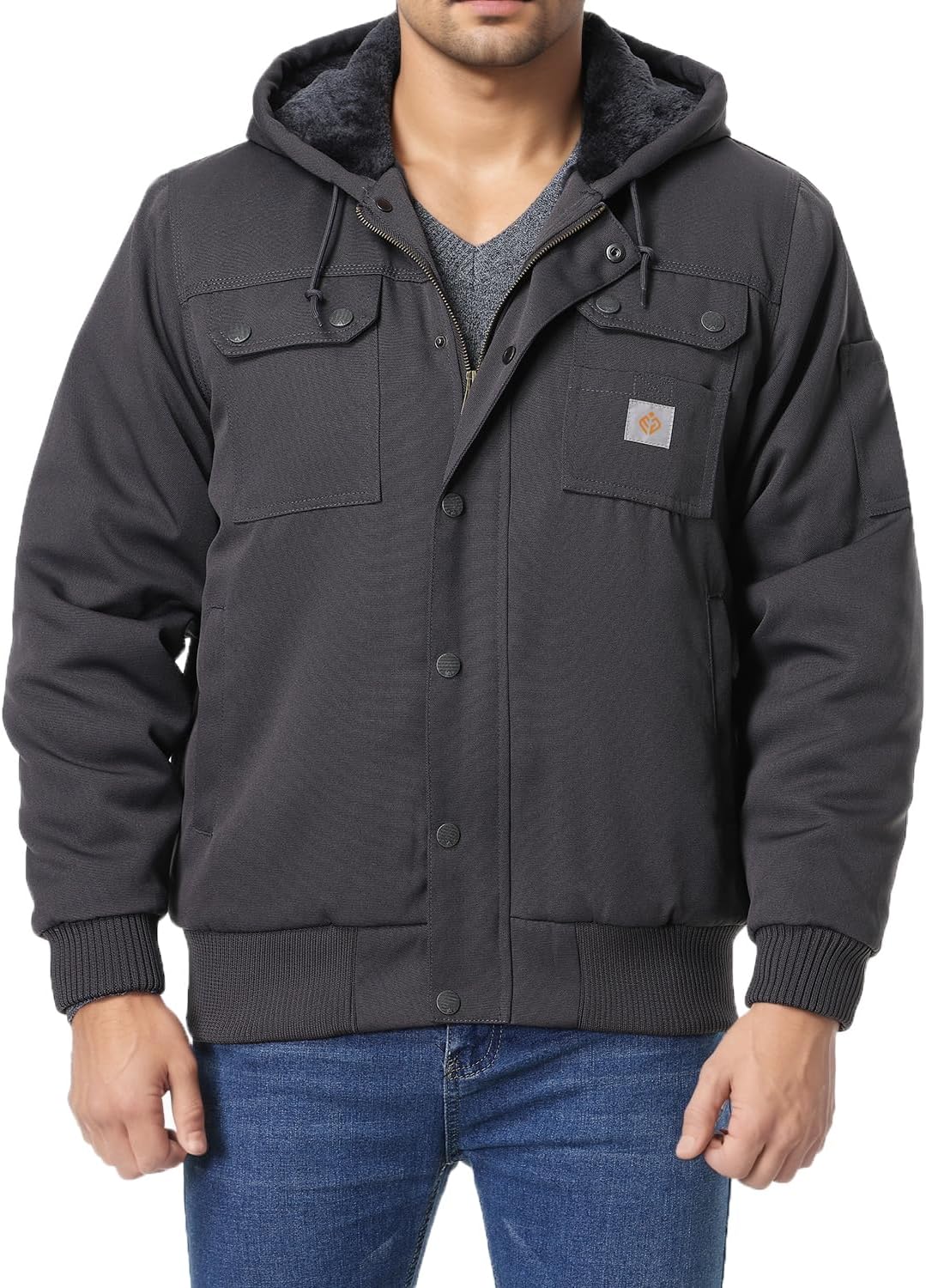 Men's Fit Relaxed Work Coat Fleece Lined Waterproof Workwear Winter Hooded Jacket with Multiple Pockets