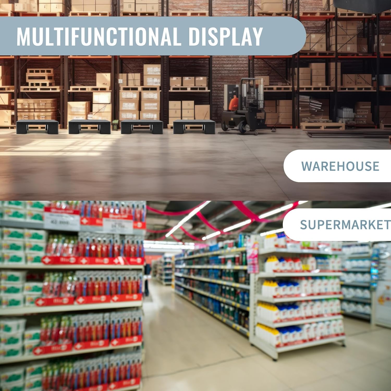 4 Pcs Plastic Pallet for Basement Storage Easy Stack Lightweight Floor Pallet Display Flooring Room Supermarket Christmas, Support up to 2000 Lbs (15.7'' L X 12'' W X 4.7'' H,Black)