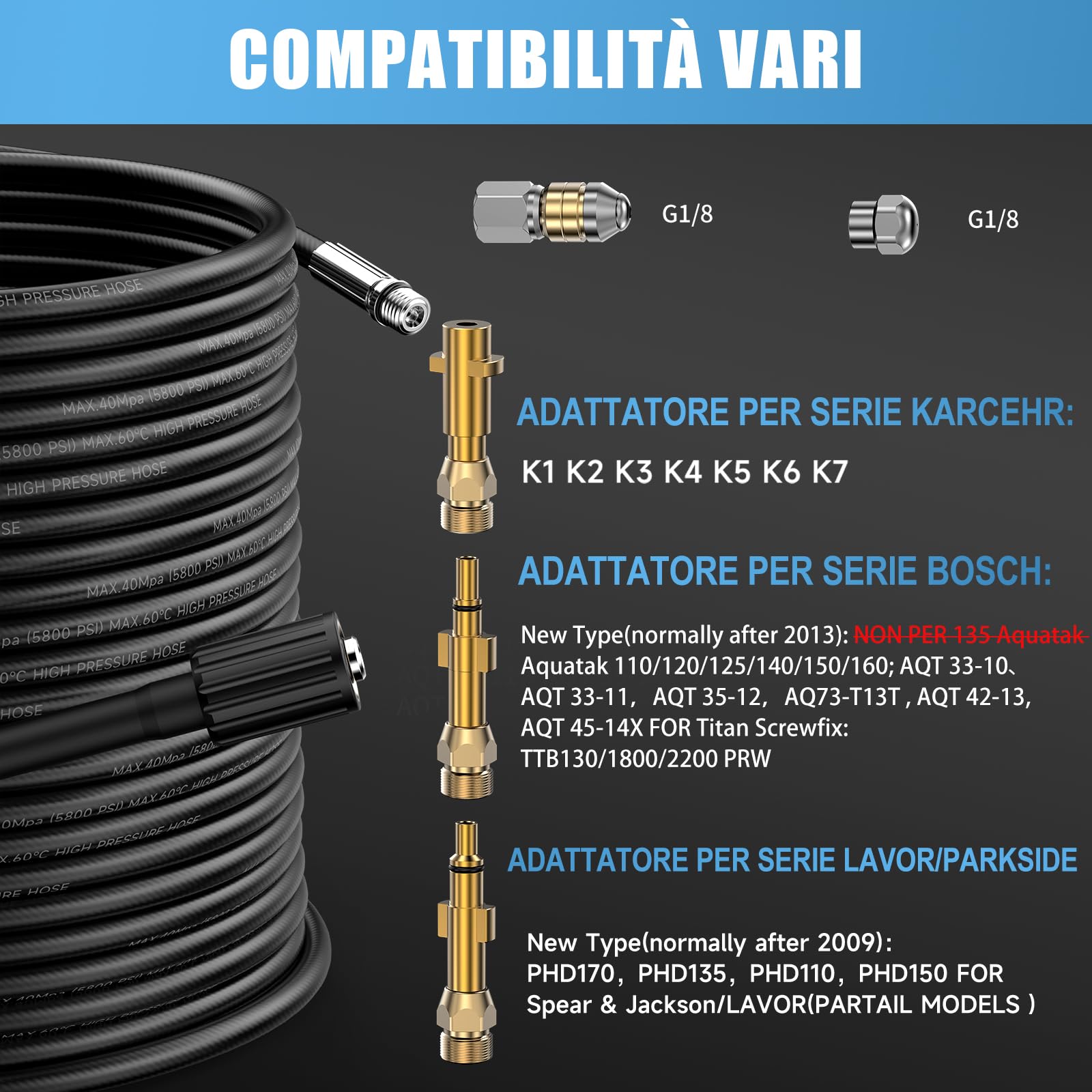 25M Sonda Sturatubi per Idropulitrice Karcher K2-K7, HD, HDS, Lavor, Bosch | 180Bar, 2 Ugelli: Fisso e Rotante, 3 Adattatori in Rame Resistenti all'Usura, per Karcher K2/K3/K4/K5/K6/K7 HD HDS e Parkside