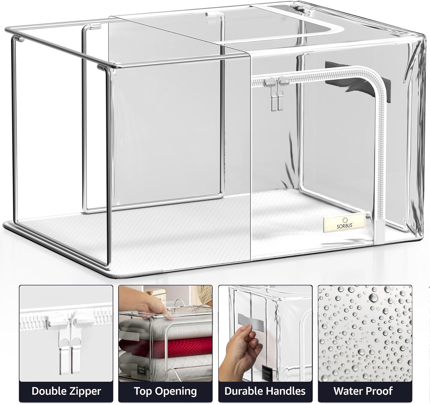 Sorbus Storage Bins with Metal Frame - Stackable & Foldable Clothes Organizer Bags - Clear Soft Plastic Storage Containers (4 Pack, Medium)