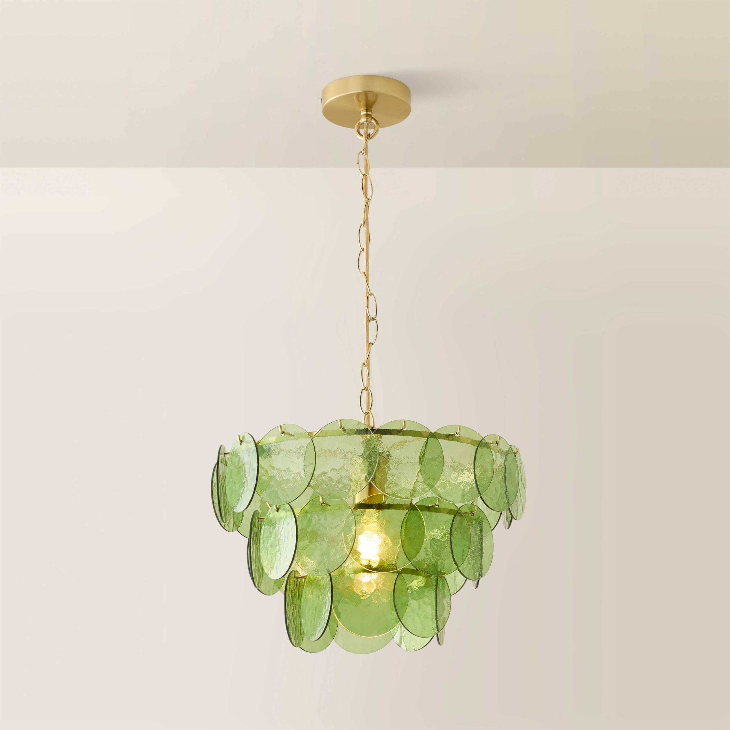 ValueLights | Juliette Green Glass Disc 3 Tier Chandelier Ceiling Pendant Light | Mains Wired