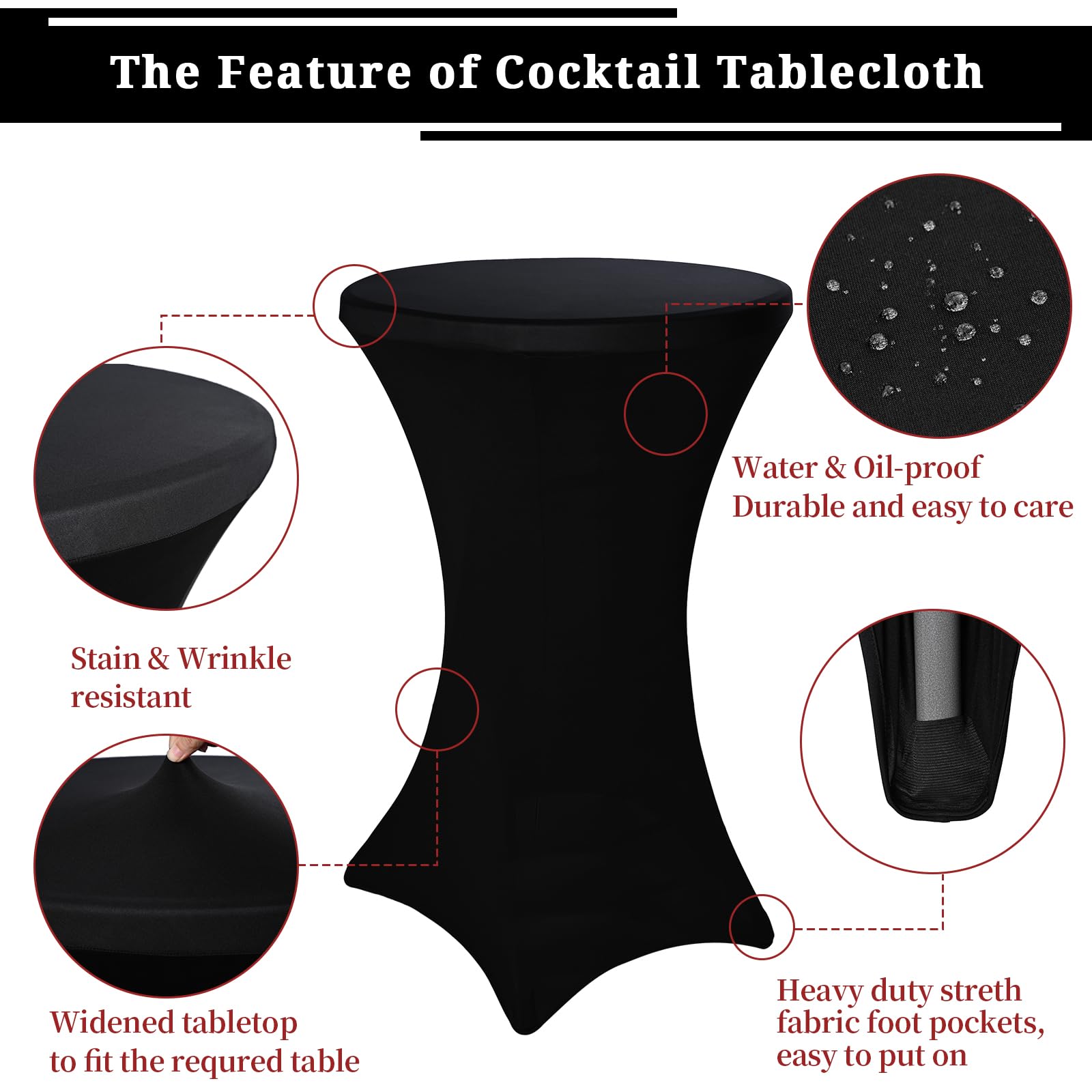 Paquete de 6 manteles elásticos de elastano con esquinas cuadradas de 80 x 110 cm, color negro, ajustables para mesa alta, resistentes al agua, para bar, boda, cóctel, fiesta, banquete (color negro)