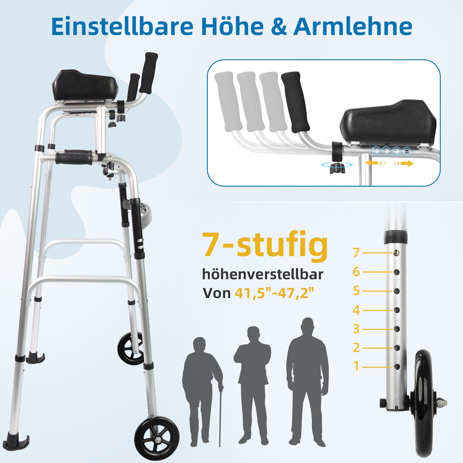 Marco plegable para caminar con ruedas y almohadilla extraíble para el brazo. Ayuda a caminar de aluminio ajustable para los ancianos (rueda con rodamientos)
