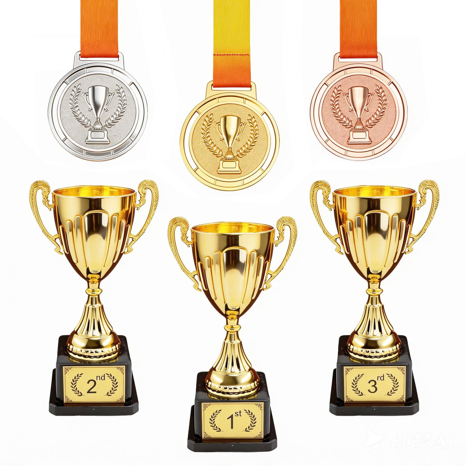 Photo 1 of kuchisity 6 Pcs Trophy and Medals Set,1st 2nd 3rd Gold Plastic Winner Medals with Neck Ribbon with Plastic Trophy Cups and Stickers, Derby Award for Competitions, Match Sports, Party Supplies
