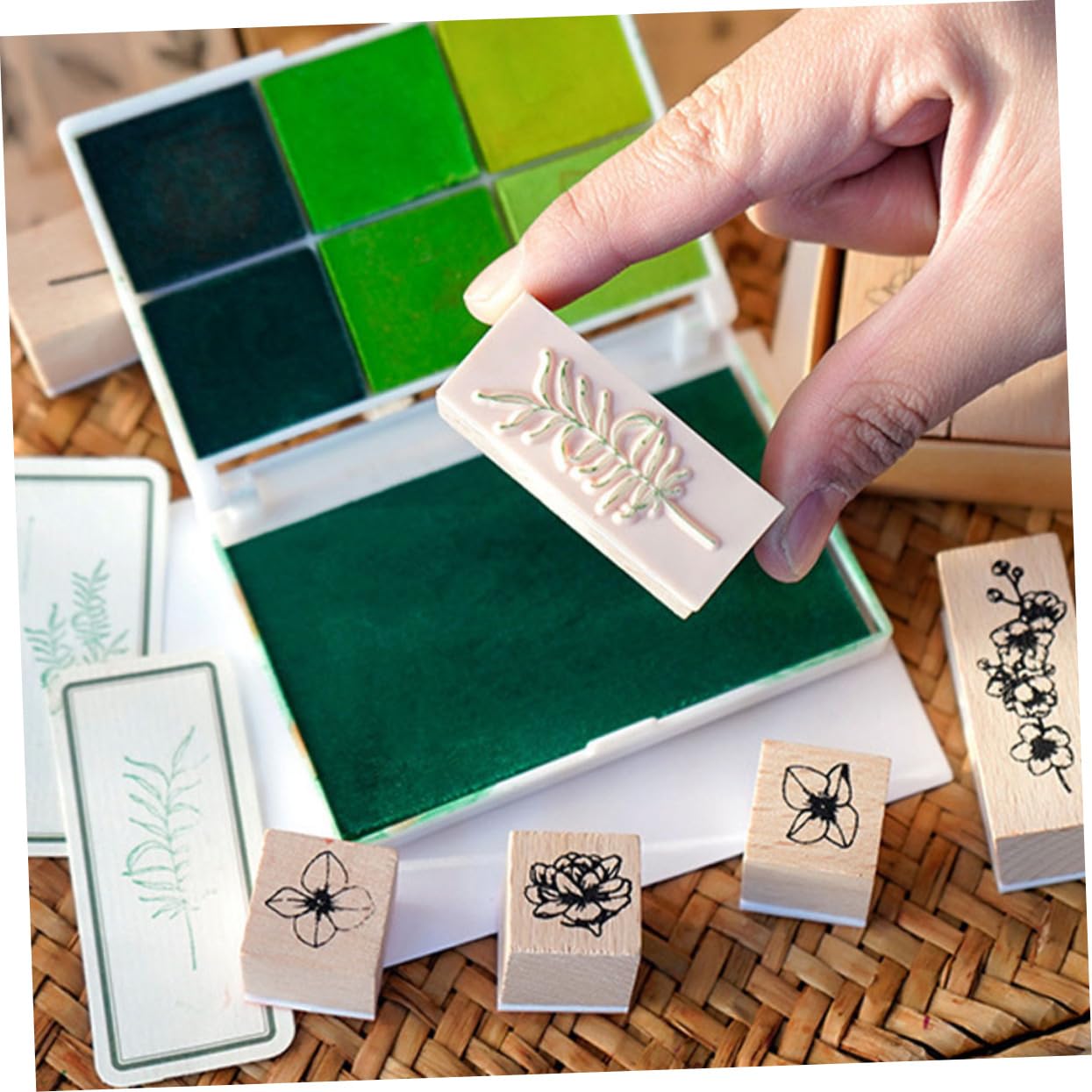 Housoutil 4 Sätze Pflanzensiegelsatz Kleine Briefmarken Stempeln Für Zeitschriftenstempel Journaling Scrapbooking-stempel Mini Symbol-tagebuchstempel Pads Holzstempelset Holzmarken Hölzern