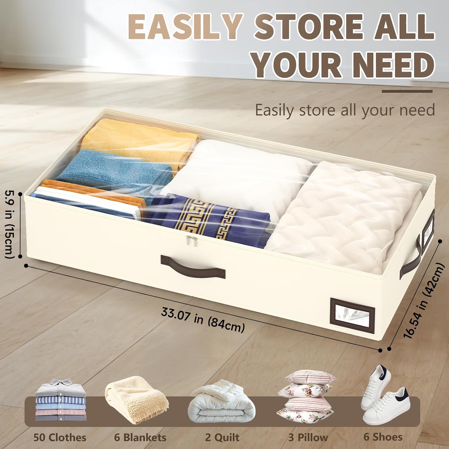 OIAHOMY 2 Pack Under Bed Storage with 4 Compression Bags, Underbed Organizers for Bedroom & Closet, Fits Beds Higher than 5.9", Space-Saving for Seasonal Clothes, Blankets & Shoes - Beige