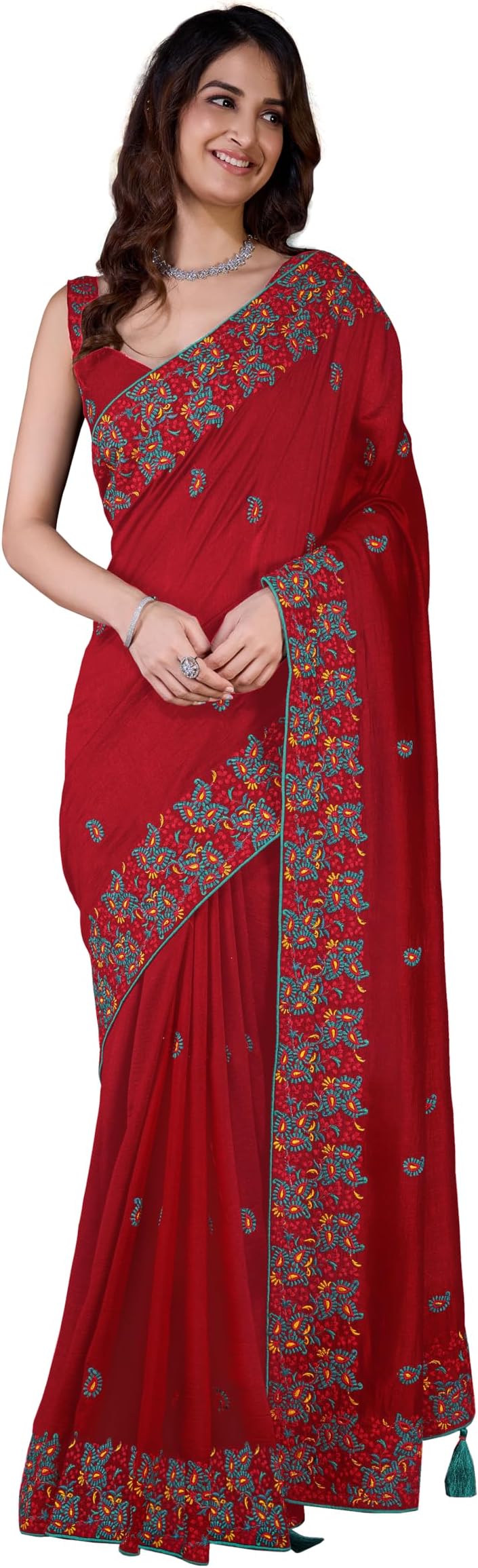 Women's Vichitra Silk Embroidred work Saree with Unstitched Blouse Piece