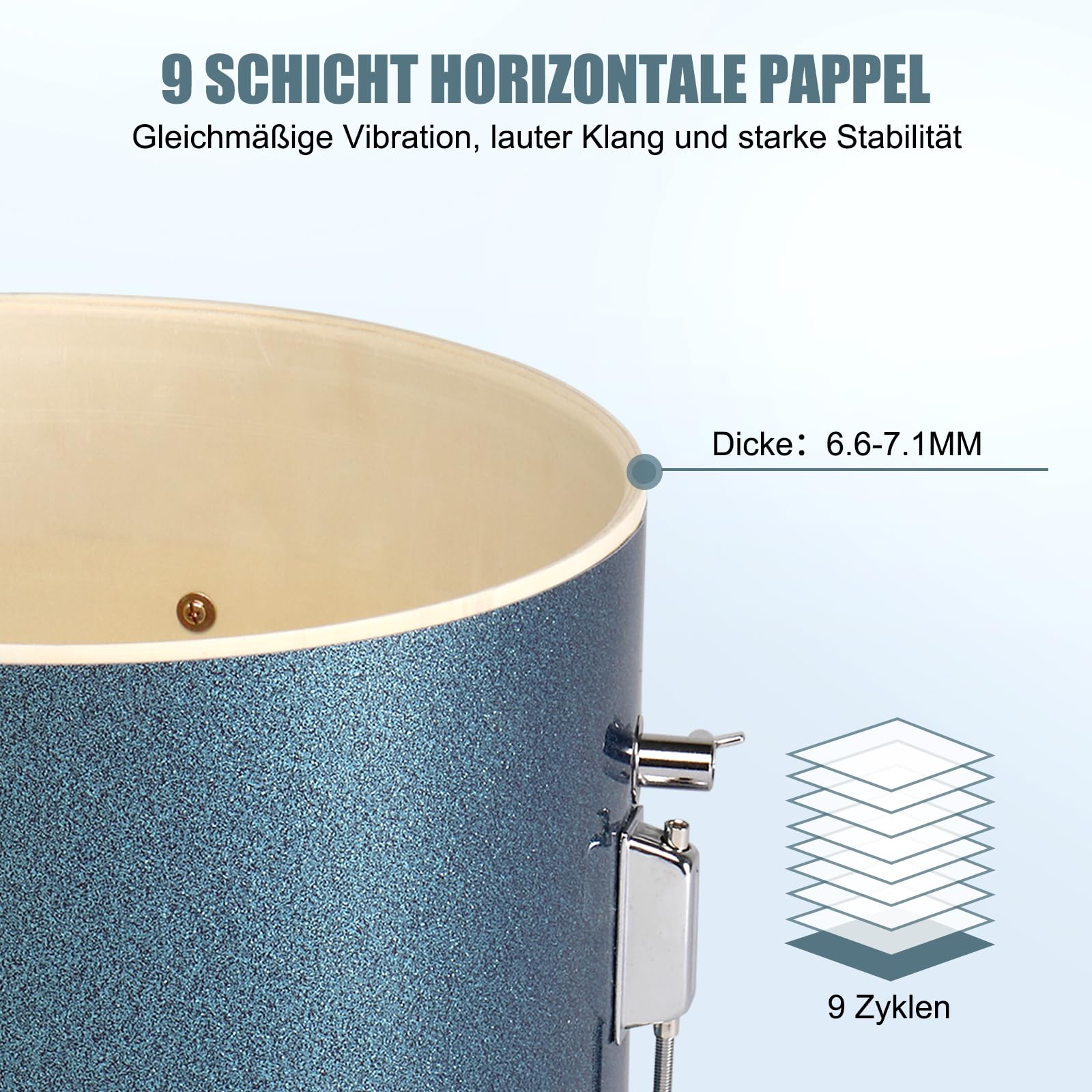 LEADZM Schlagzeug Set 14'' für Kinder ab 3 Jahren, 3PC Anfänger Drum Set mit Hocker, Bassdrum-Pedal und 2 Drumsticks, Becken, Tom und Snare Drum (Blau)